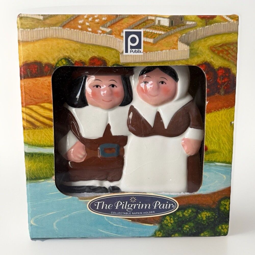 Publix “The Pilgrim Pair” Porcelain Napkin Holder‎ Thanksgiving Table Decor
